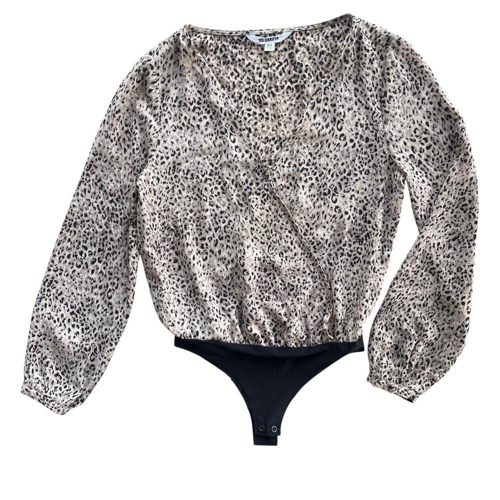 BB Dakota Women XS Tan Black Leopard Animal Magnetism Print Long Sleeve Bodysuit